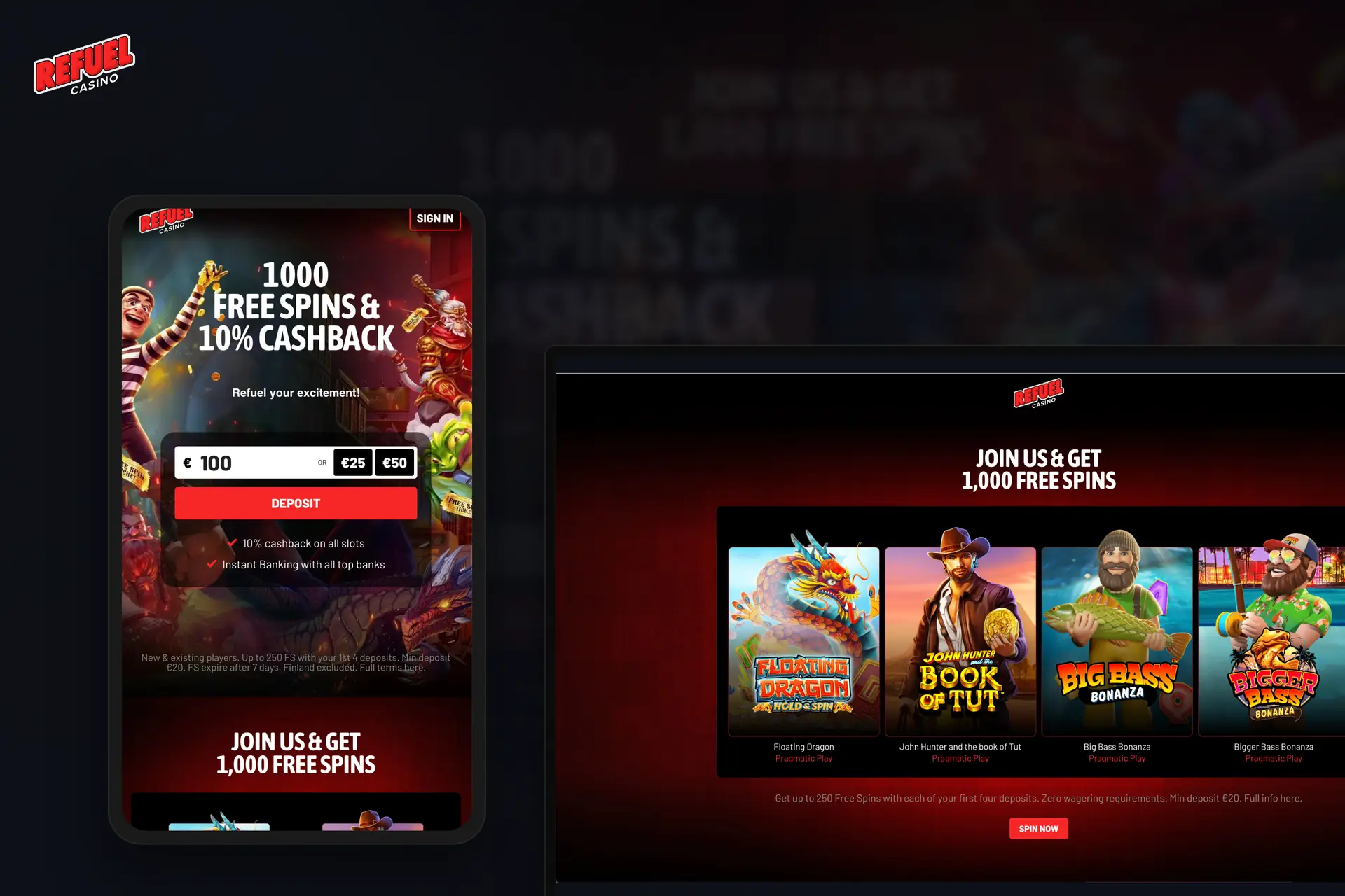 Refuel Casino startsida med välkomsterbjudande och populära spel